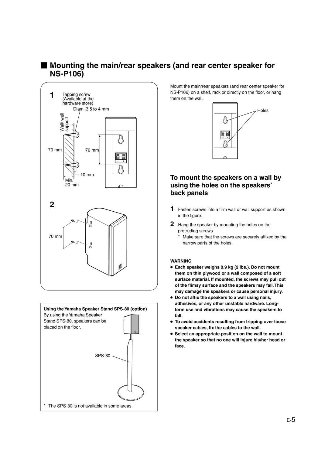 Yamaha HTR-5630RDS owner manual  Mounting the main/rear speakers and rear center speaker for NS-P106 