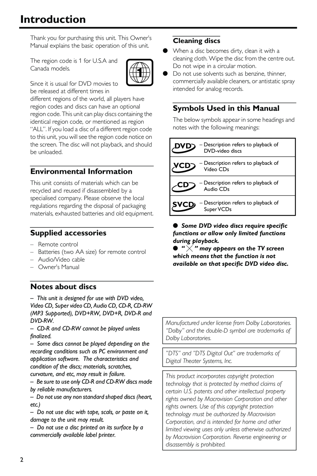 Yamaha HTR-5630RDS Introduction, Symbols Used in this Manual, Environmental Information, Supplied accessories, Svcd 