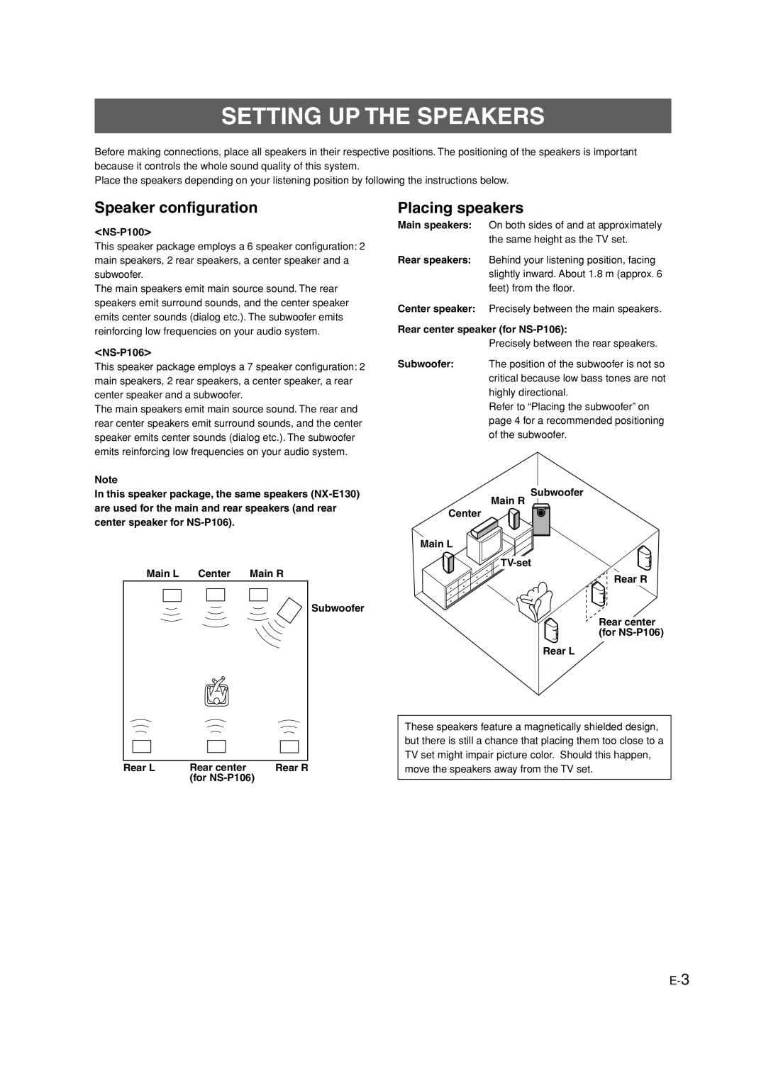 Yamaha HTR-5630RDS owner manual Setting Up The Speakers, Speaker configuration, Placing speakers 