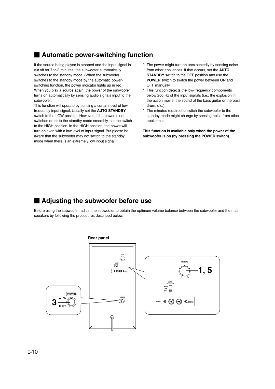 Yamaha HTR-5630RDS owner manual  Automatic power-switching function,  Adjusting the subwoofer before use, Rear panel 
