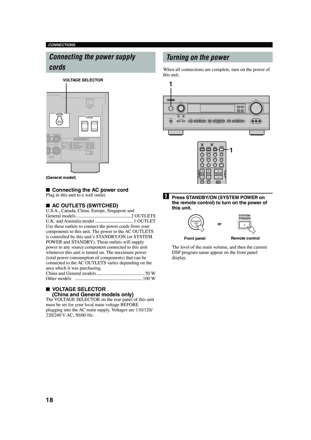 Yamaha HTR-5640 owner manual Connecting the power supply Cords, Turning on the power, Connecting the AC power cord 