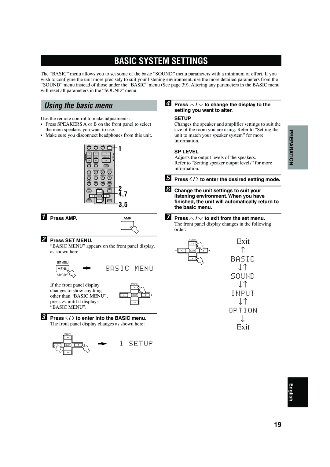 Yamaha HTR-5640 owner manual Basic System Settings, Using the basic menu, Setup, SP Level 