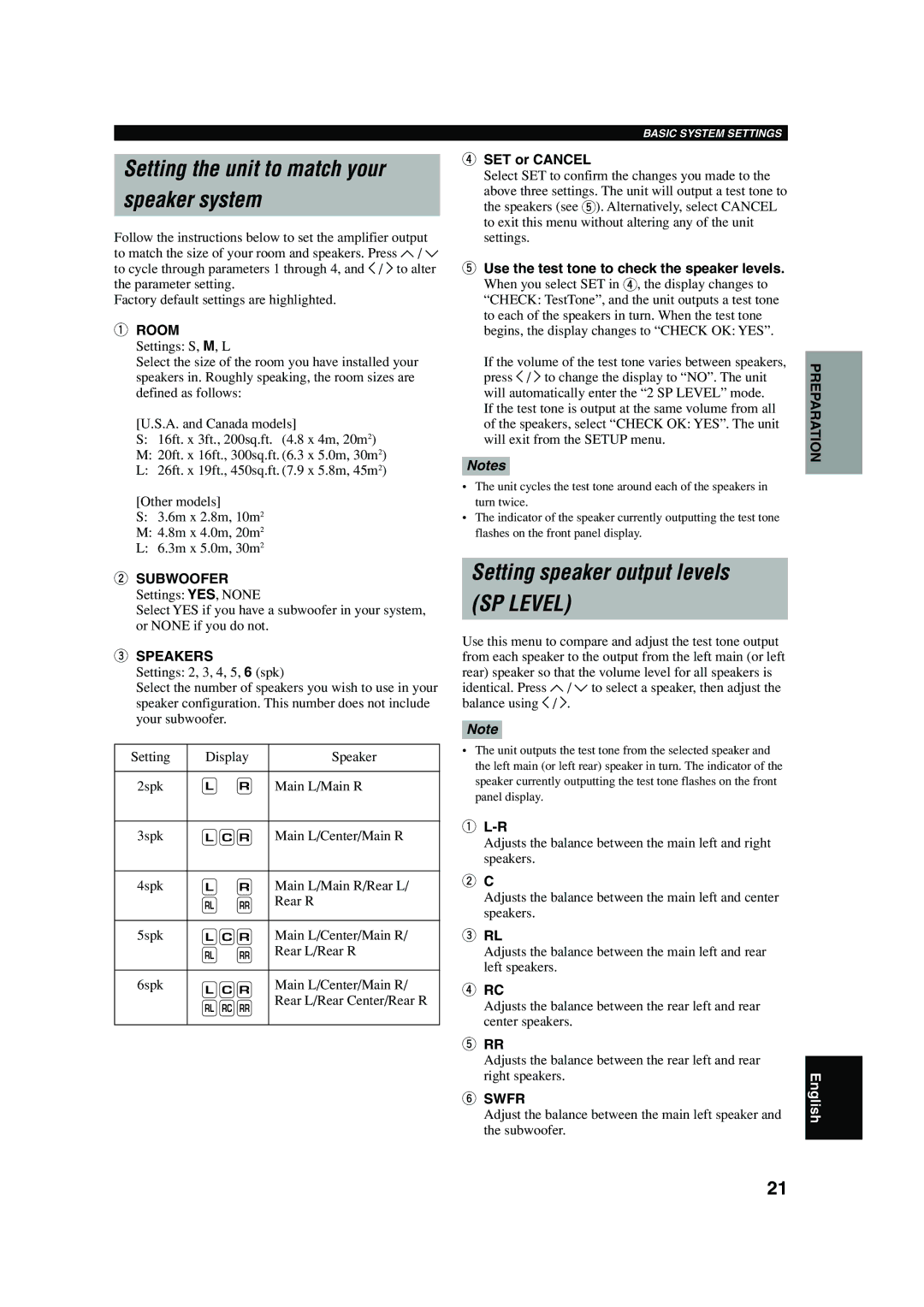 Yamaha HTR-5640 owner manual Setting the unit to match your Speaker system, Setting speaker output levels 