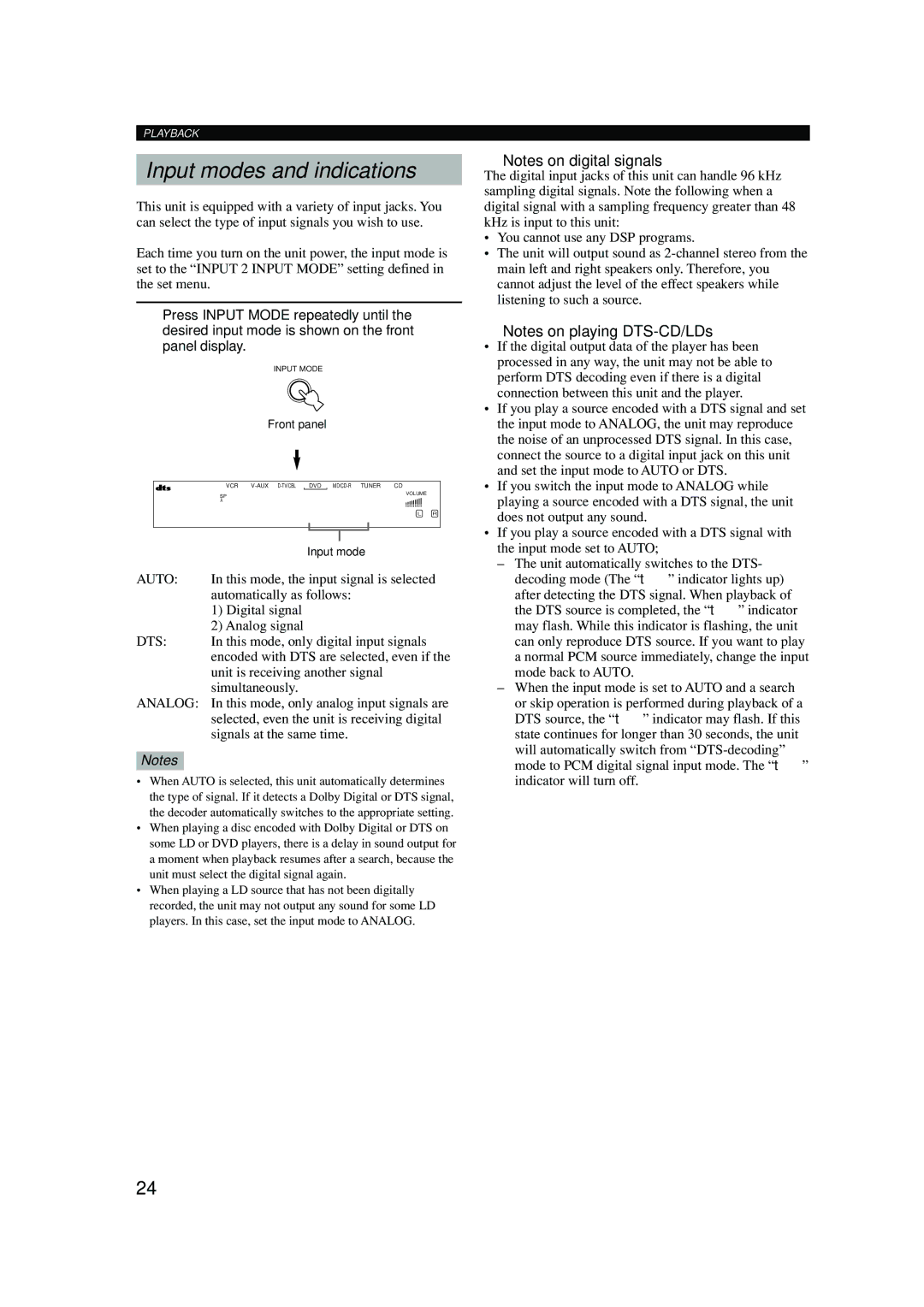 Yamaha HTR-5640 owner manual Input modes and indications 