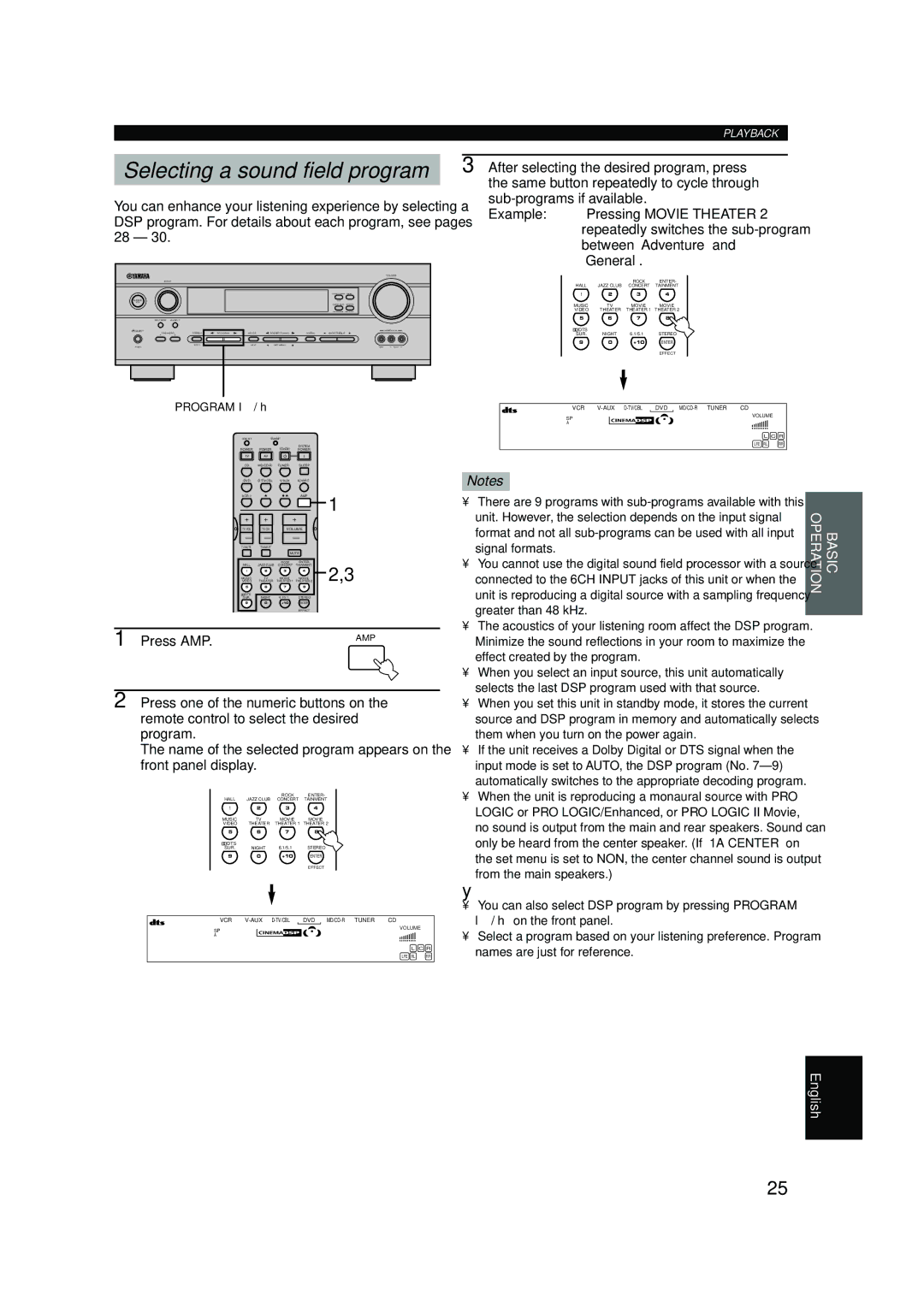 Yamaha HTR-5640 owner manual Selecting a sound field program, Program l / h 