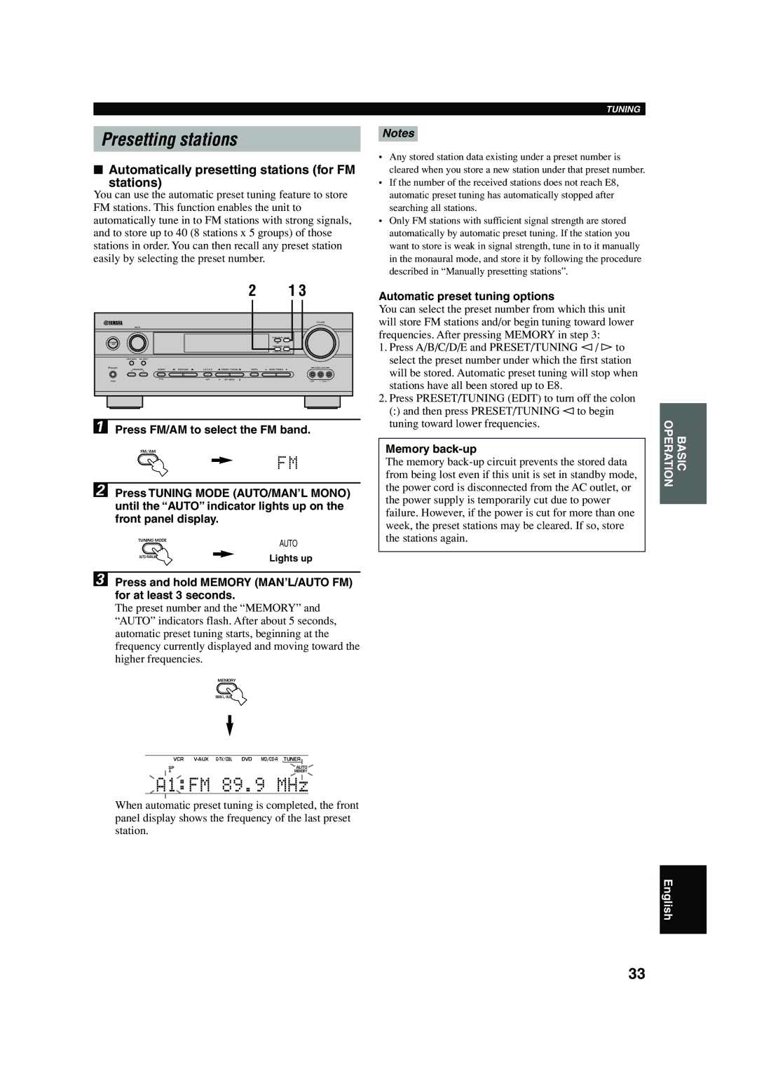 Yamaha HTR-5640 owner manual Presetting stations, Automatically presetting stations for FM Stations 