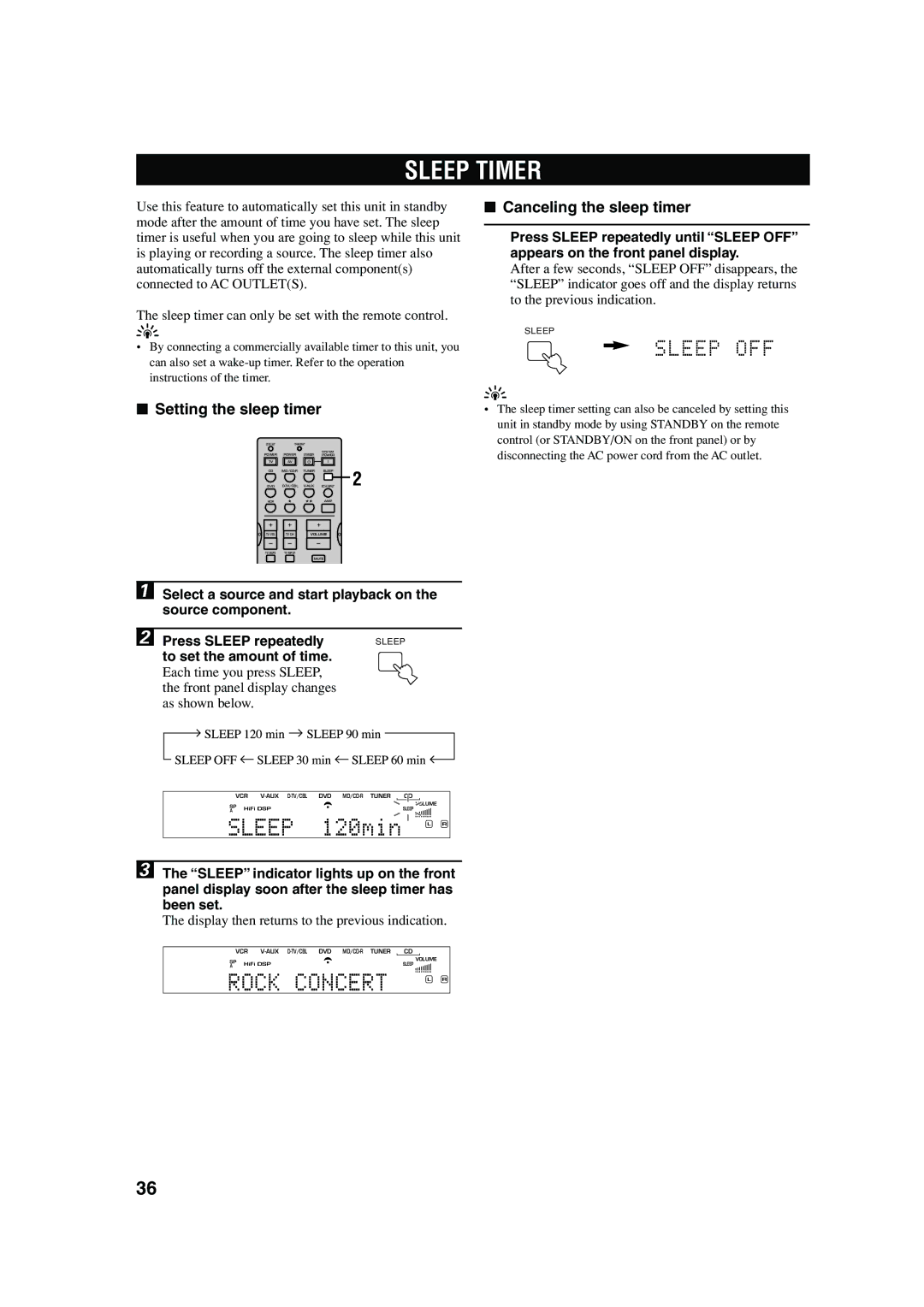 Yamaha HTR-5640 owner manual Sleep Timer, Setting the sleep timer, Canceling the sleep timer, To set the amount of time 