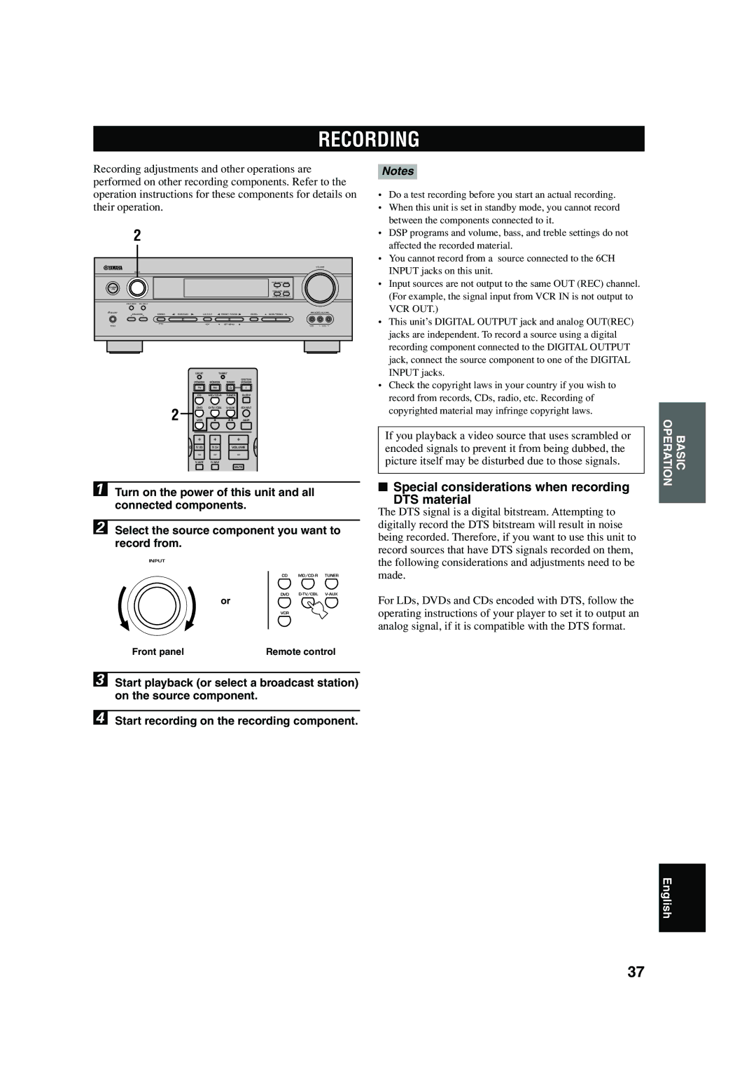 Yamaha HTR-5640 owner manual Recording, Special considerations when recording DTS material 