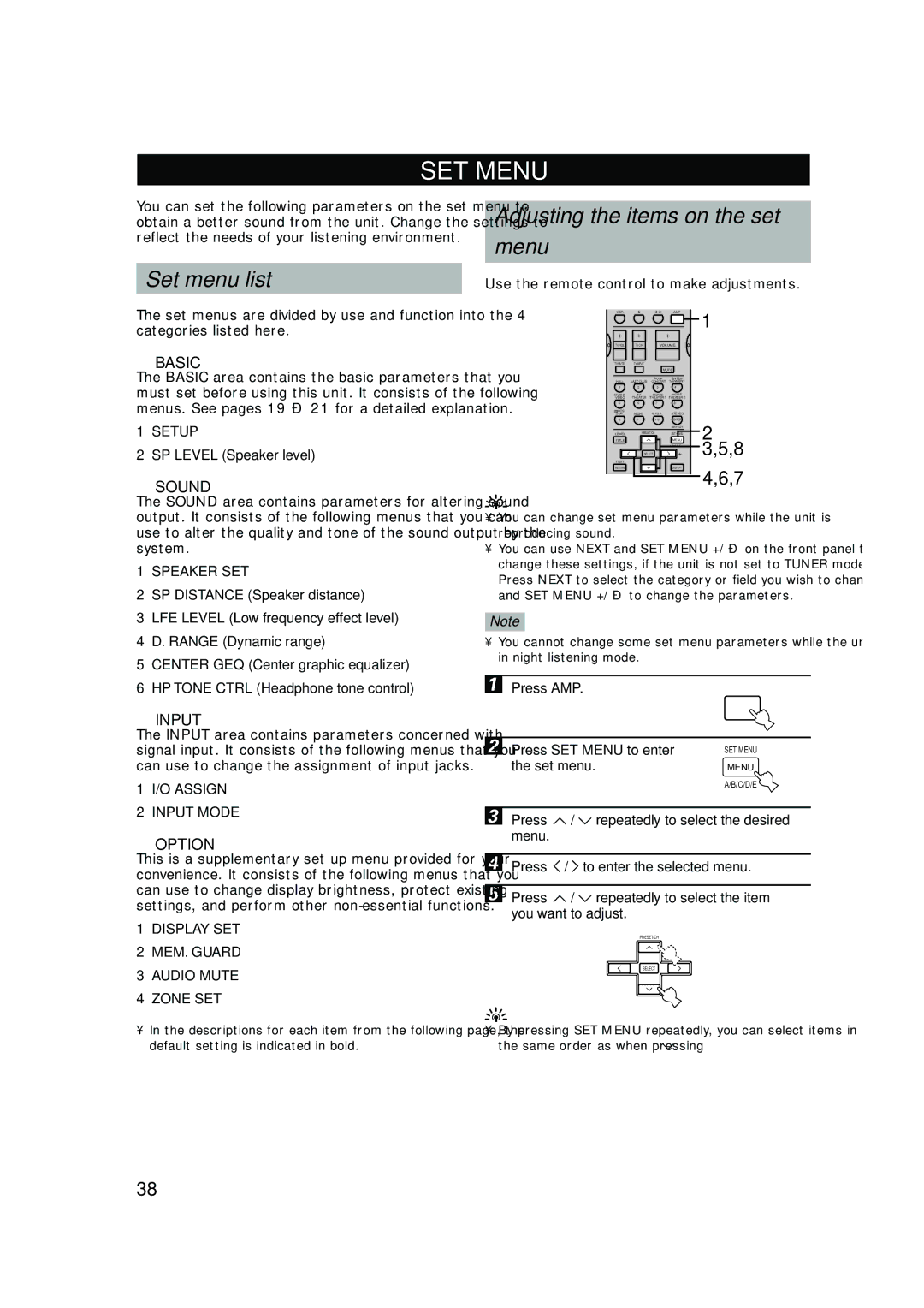 Yamaha HTR-5640 owner manual SET Menu, Set menu list, Adjusting the items on the set Menu 