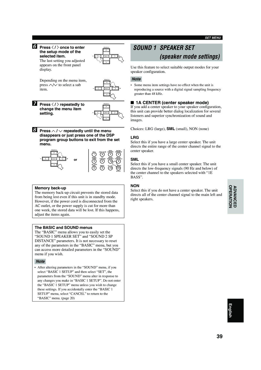 Yamaha HTR-5640 owner manual Speaker mode settings, 1A Center center speaker mode, Lrg, Sml, Non 