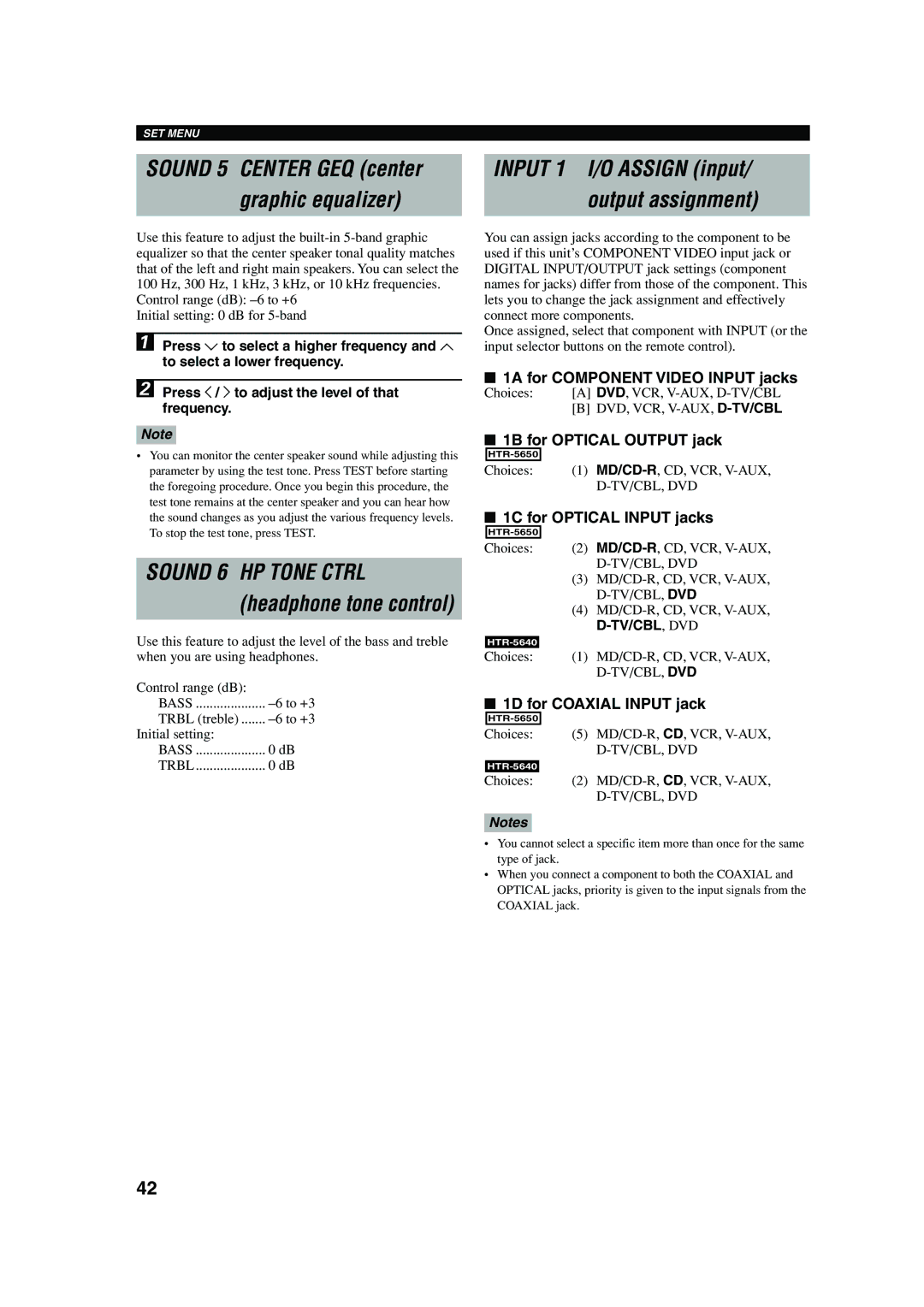 Yamaha HTR-5640 owner manual Sound 5 Center GEQ center Graphic equalizer, Input 1 I/O Assign input Output assignment 