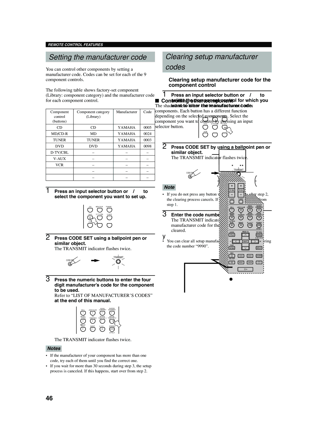 Yamaha HTR-5640 owner manual Setting the manufacturer code, Clearing setup manufacturer Codes 