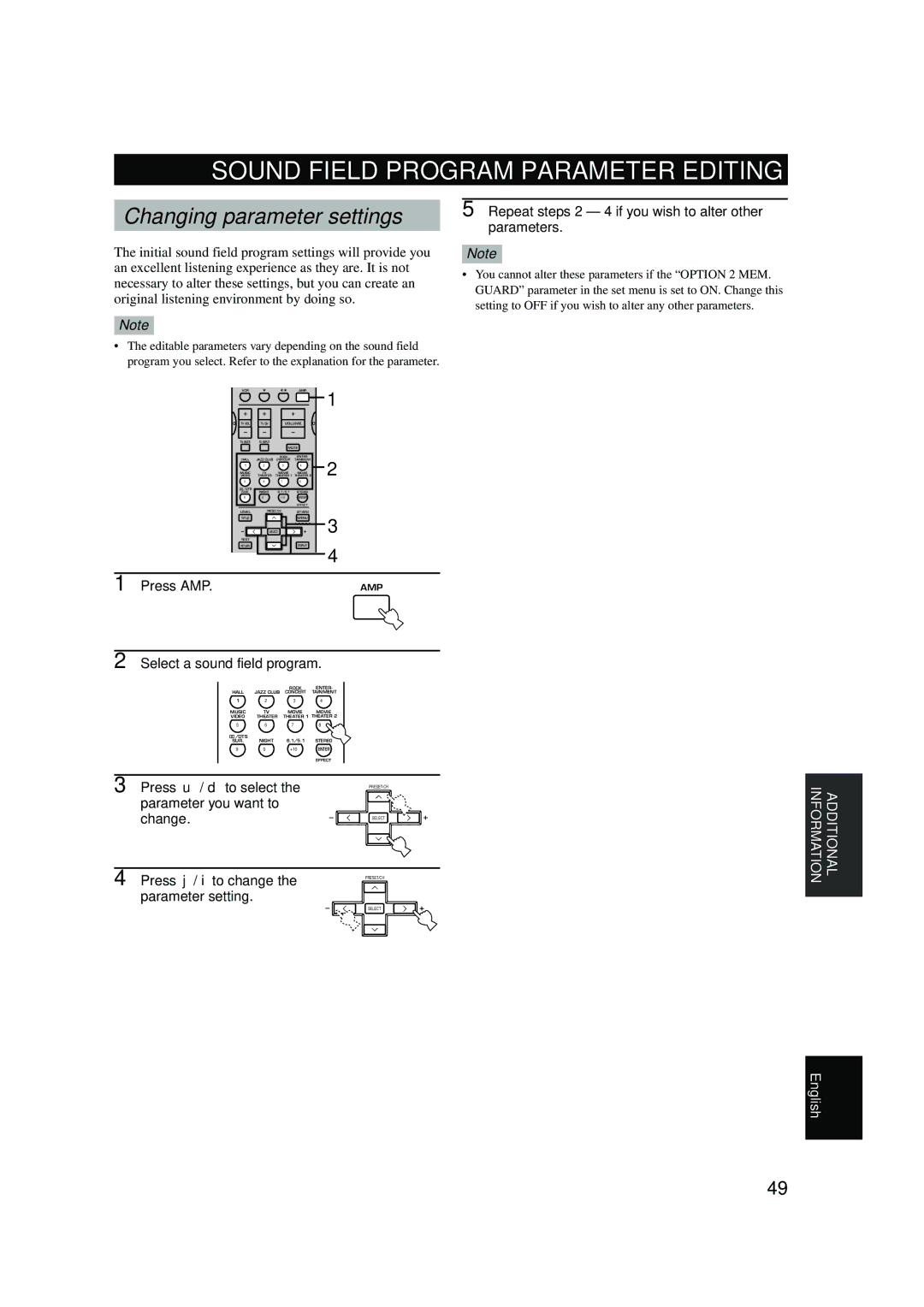 Yamaha HTR-5640 owner manual Sound Field Program Parameter Editing, Changing parameter settings 