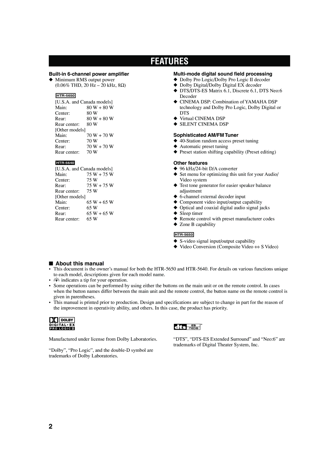 Yamaha HTR-5640 owner manual Features, About this manual 