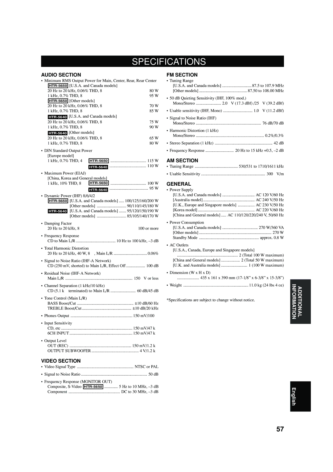 Yamaha HTR-5640 owner manual Specifications 