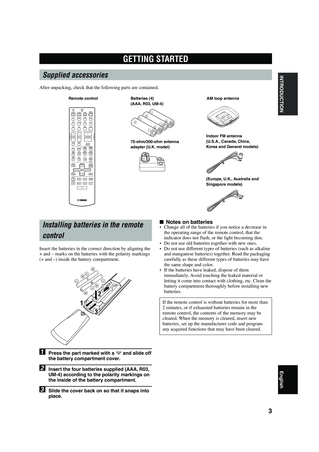 Yamaha HTR-5640 owner manual Getting Started, Supplied accessories, Control 