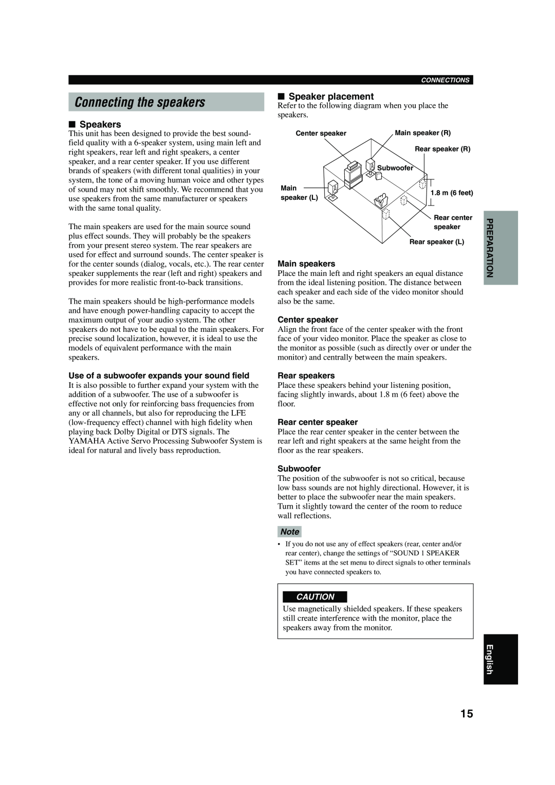 Yamaha HTR-5640 owner manual Connecting the speakers, Speakers, Speaker placement, English 