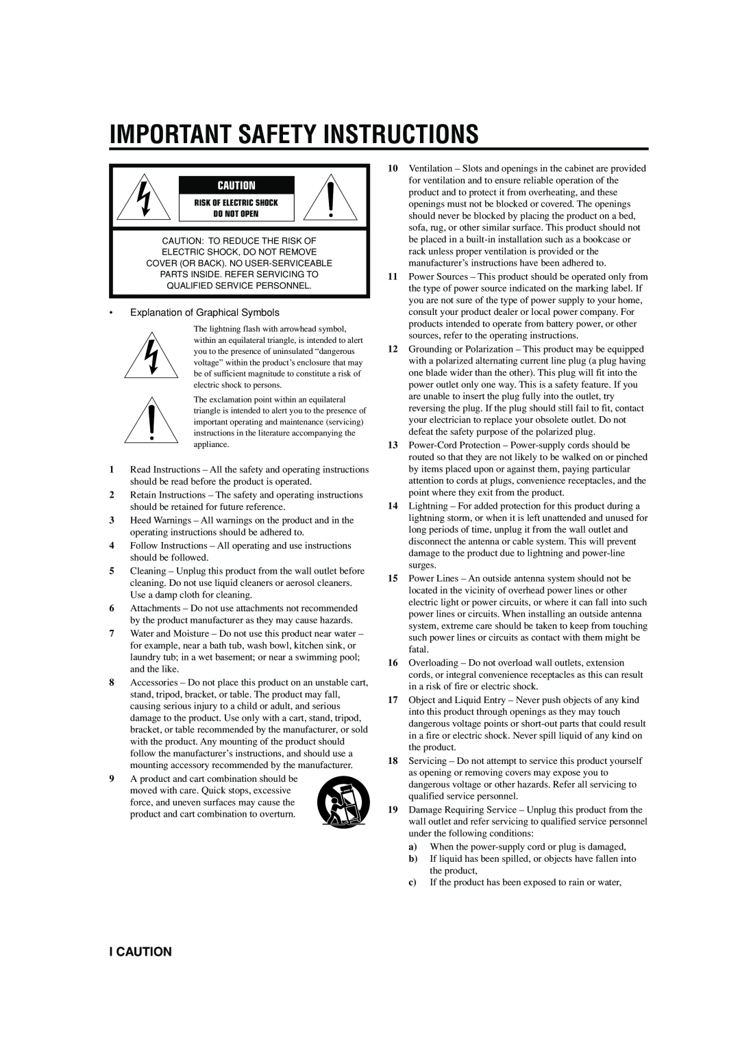 Yamaha HTR-5640 owner manual I Caution, Important Safety Instructions 