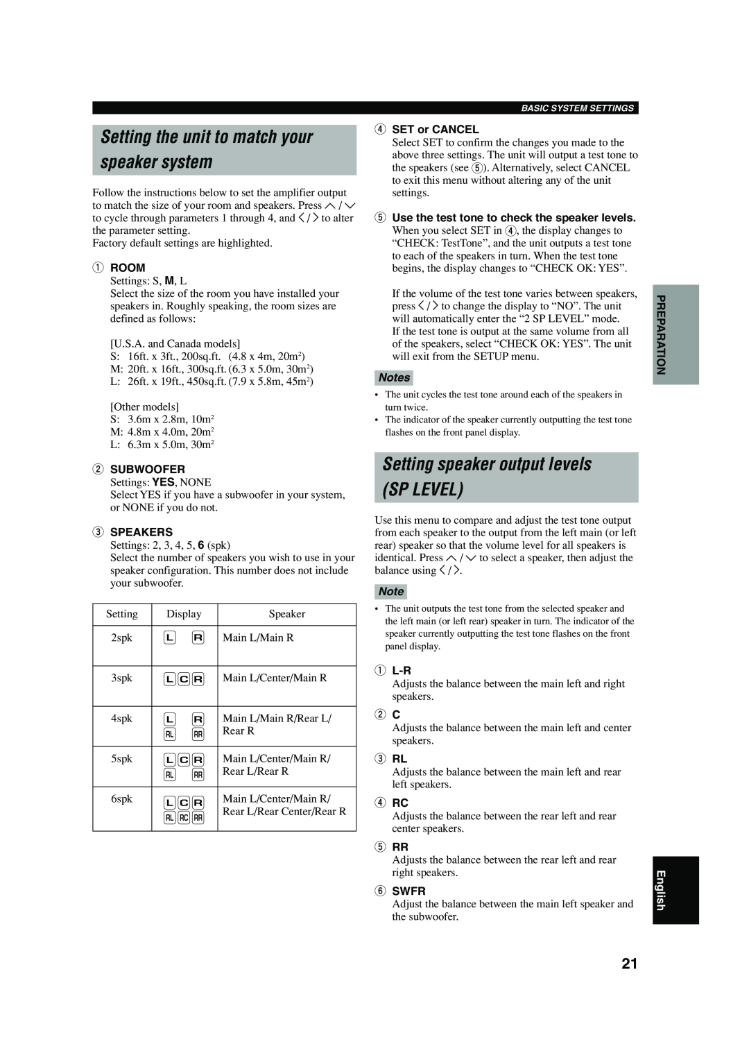 Yamaha HTR-5640 owner manual Setting the unit to match your speaker system, Setting speaker output levels SP LEVEL, English 