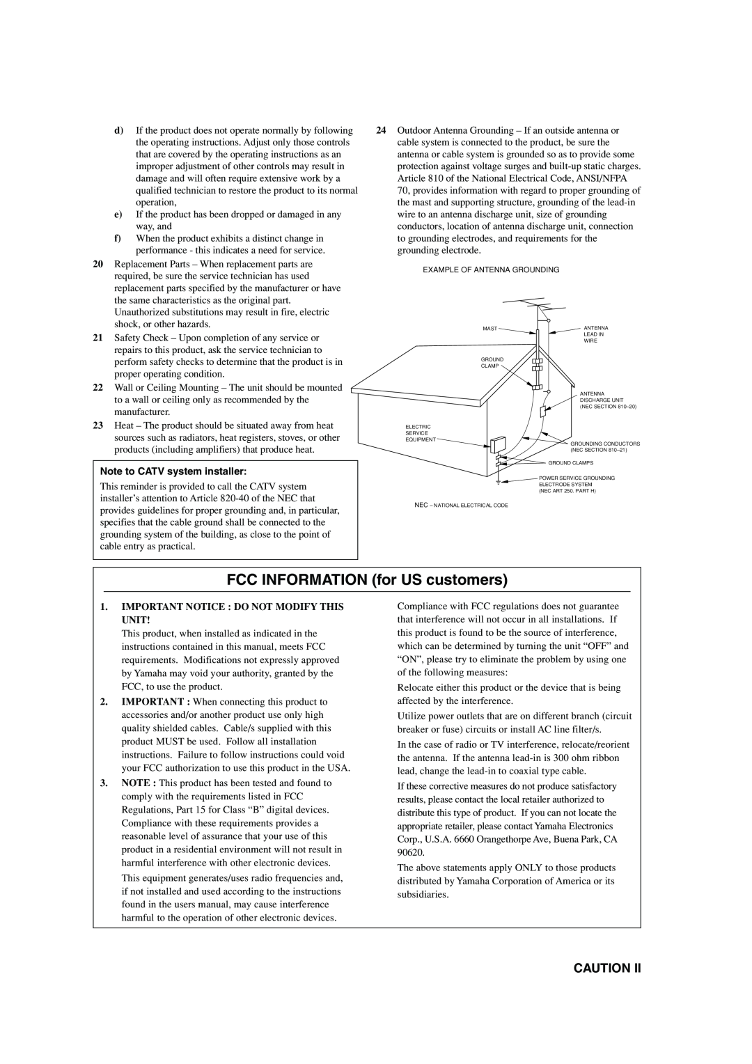 Yamaha HTR-5640 owner manual FCC INFORMATION for US customers, Note to CATV system installer 