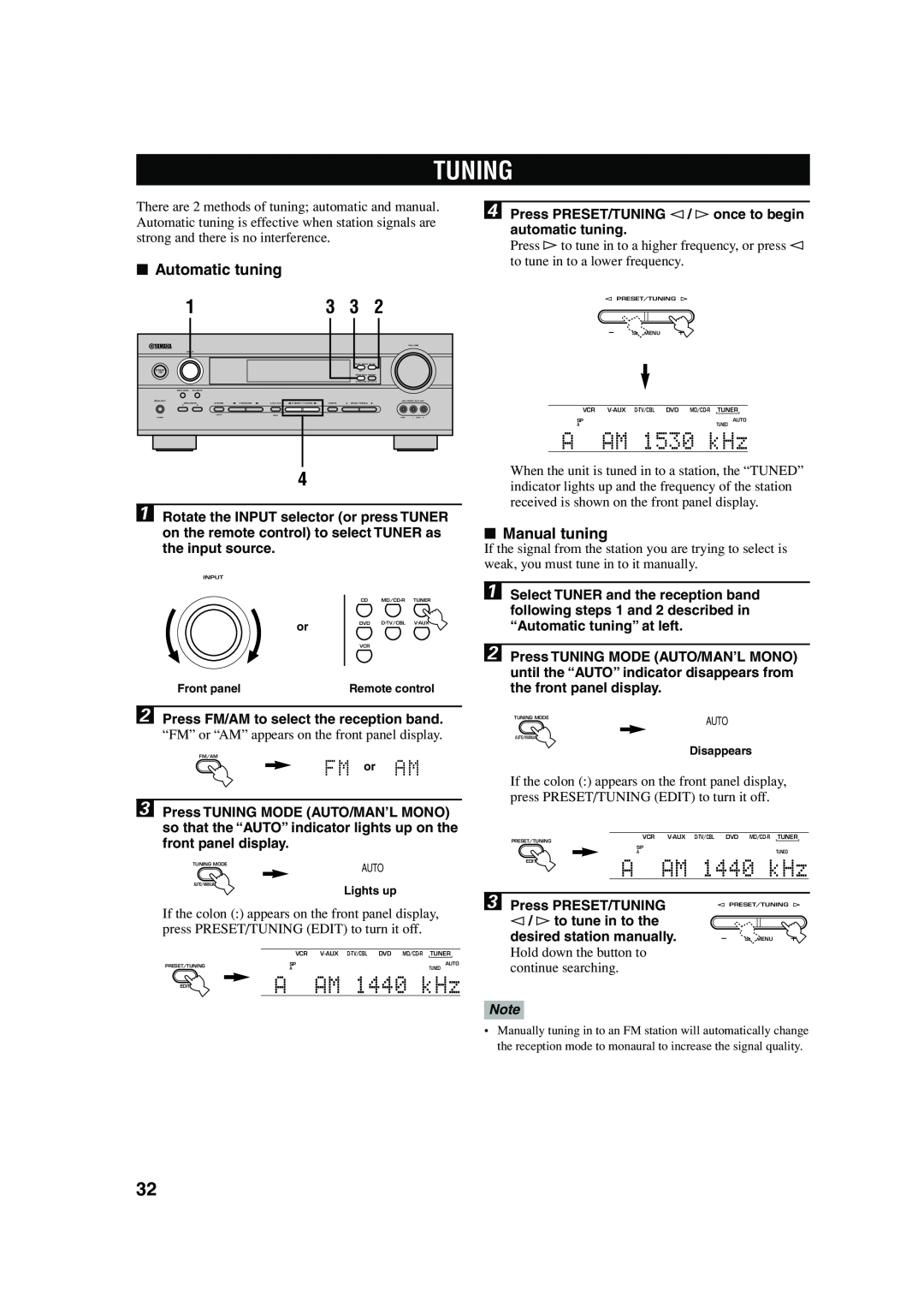 Yamaha HTR-5640 owner manual Tuning, AAM 1530 kHz, AM 1440 kHz, Automatic tuning, Manual tuning 