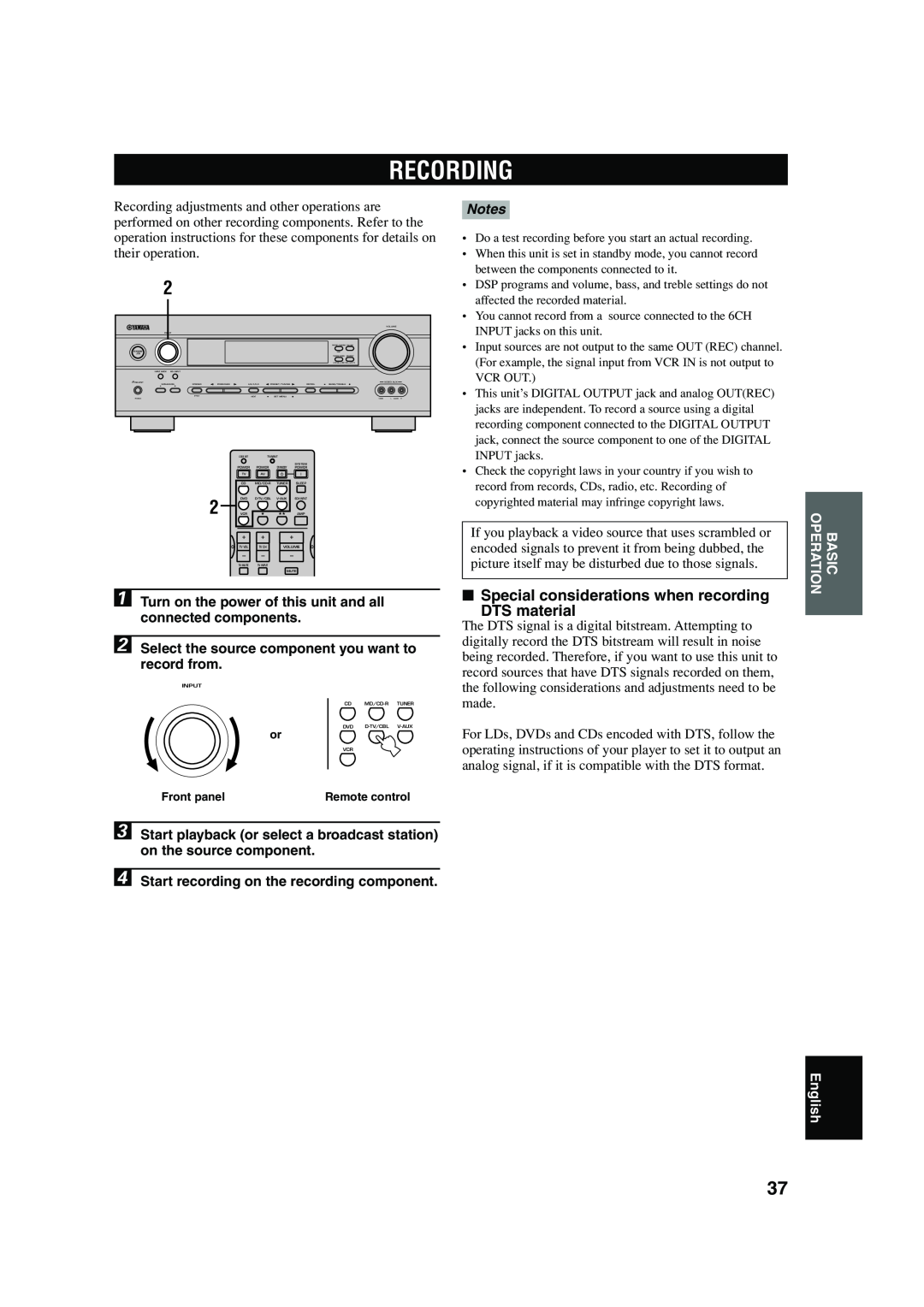 Yamaha HTR-5640 owner manual Recording, Special considerations when recording, DTS material, English 