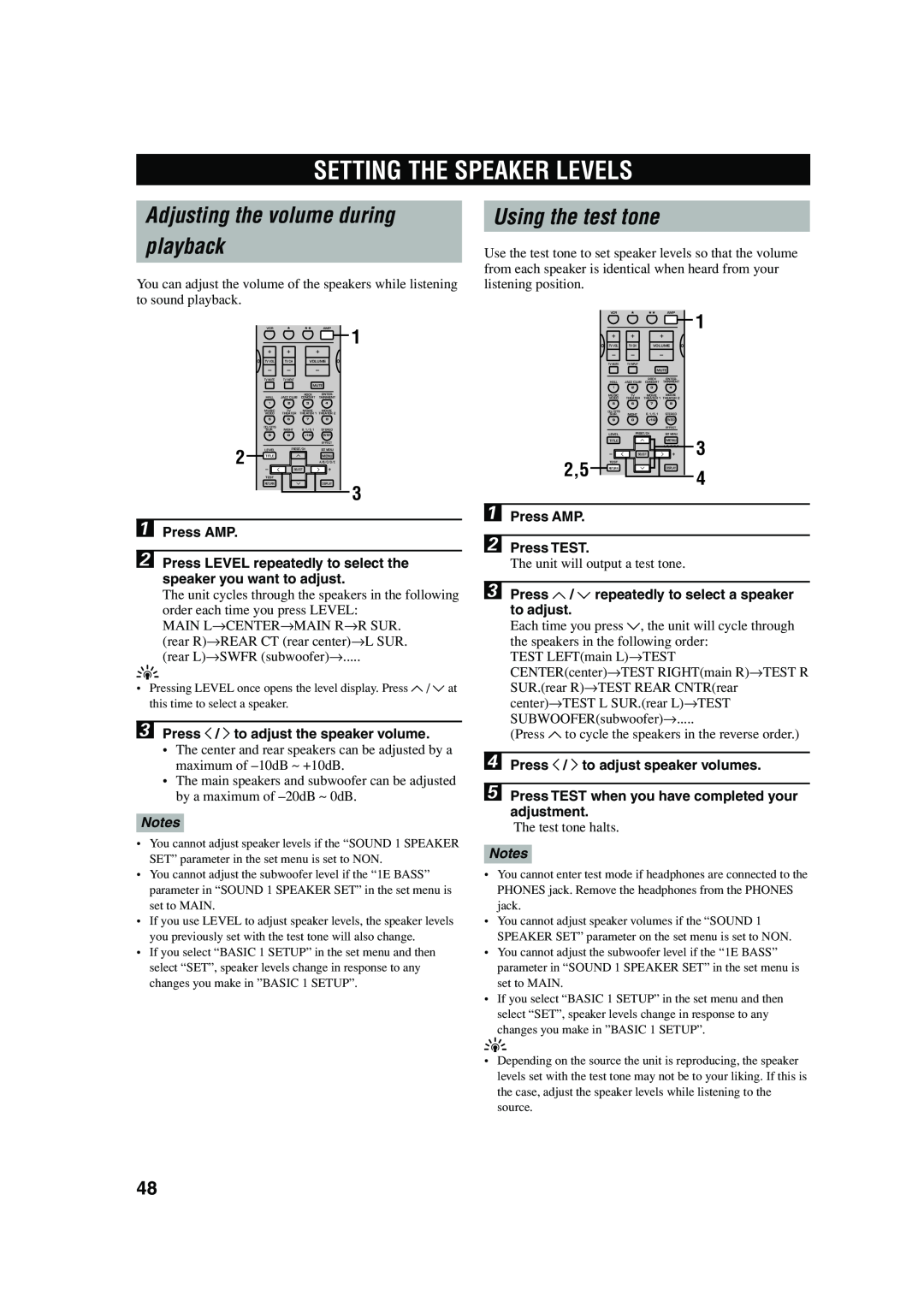 Yamaha HTR-5640 owner manual Setting The Speaker Levels, Adjusting the volume during playback, Using the test tone 