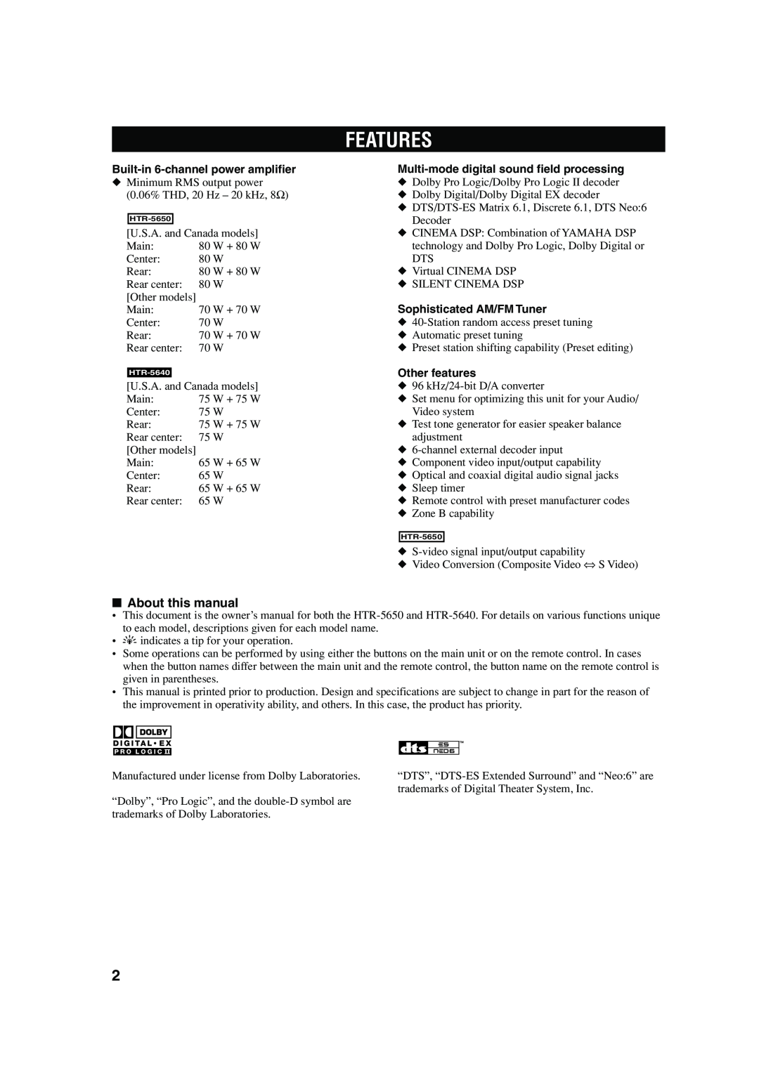 Yamaha HTR-5640 owner manual Features, About this manual 