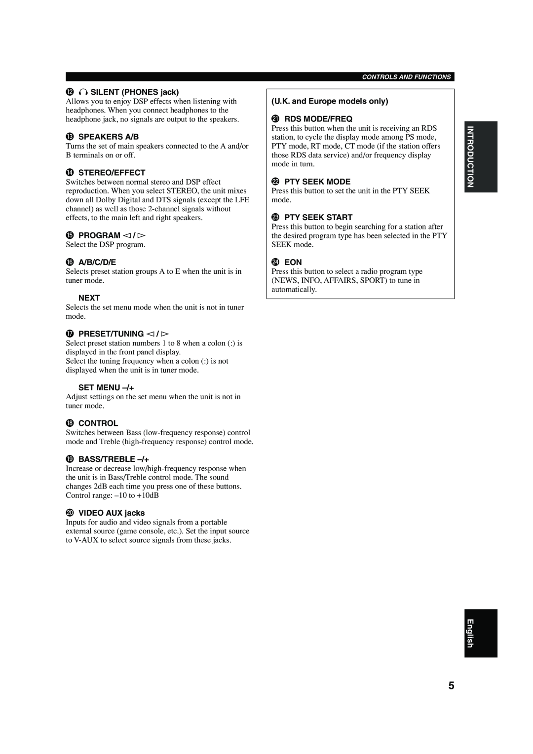 Yamaha HTR-5640 owner manual INTRODUCTION English, wSILENT PHONES jack 