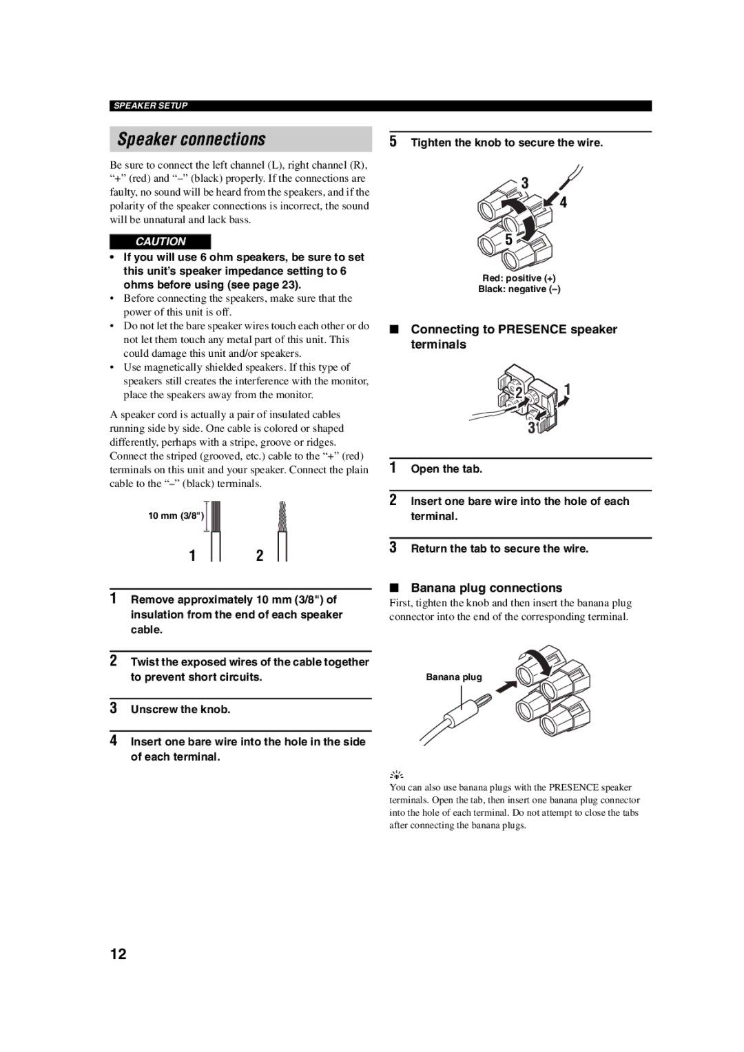 Yamaha HTR-5760 owner manual Speaker connections, Connecting to Presence speaker terminals, Banana plug connections 