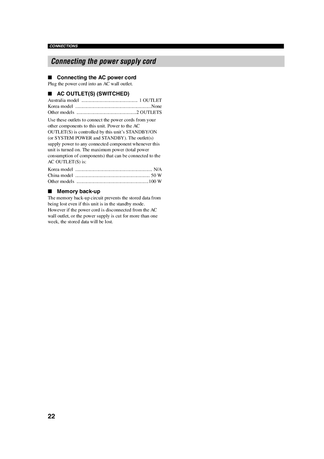 Yamaha HTR-5760 owner manual Connecting the power supply cord, Connecting the AC power cord, Memory back-up 