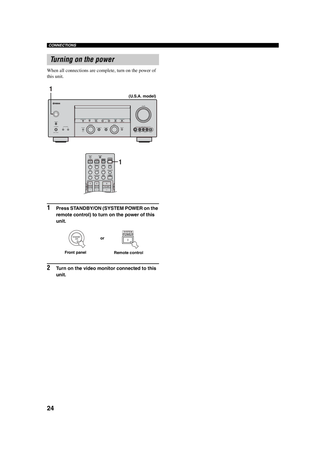 Yamaha HTR-5760 owner manual Turning on the power, Turn on the video monitor connected to this unit, Front panel 