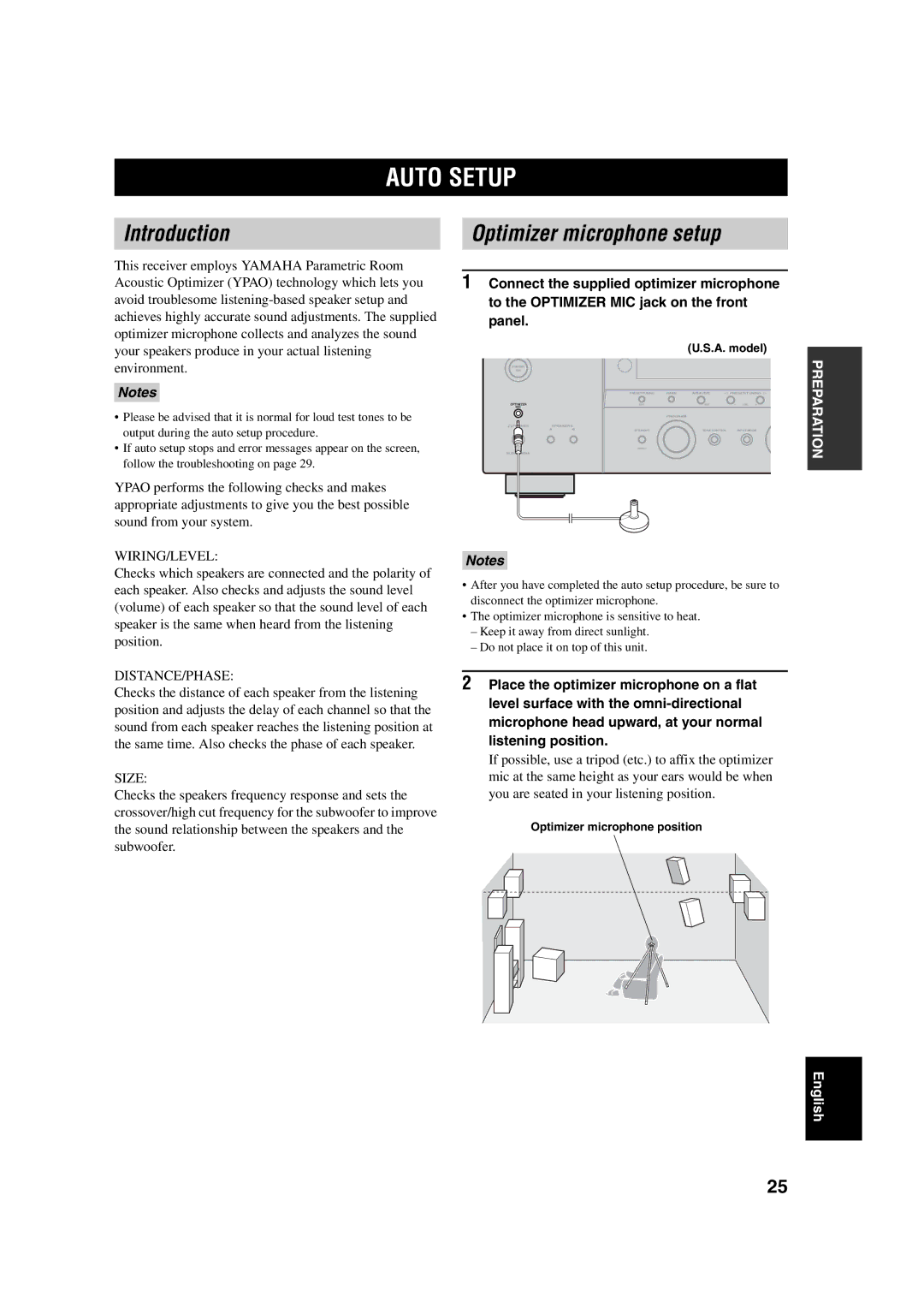 Yamaha HTR-5760 owner manual Auto Setup, Introduction, Optimizer microphone setup, Optimizer microphone position 