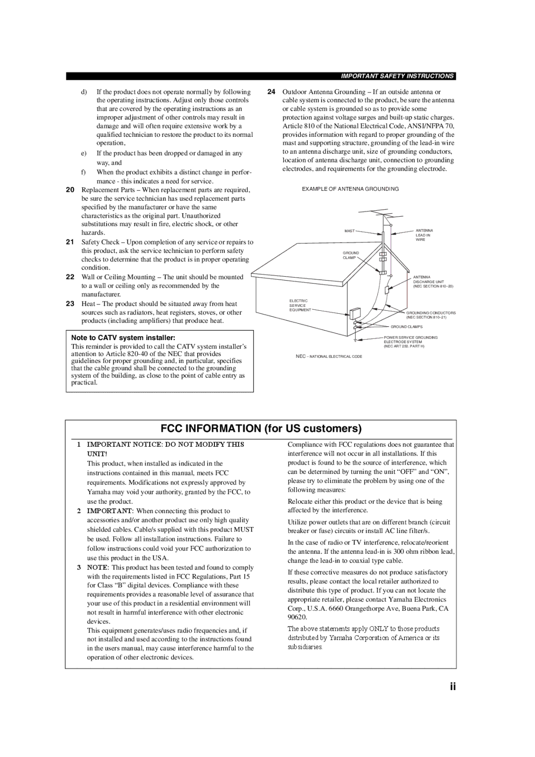 Yamaha HTR-5760 owner manual FCC Information for US customers 