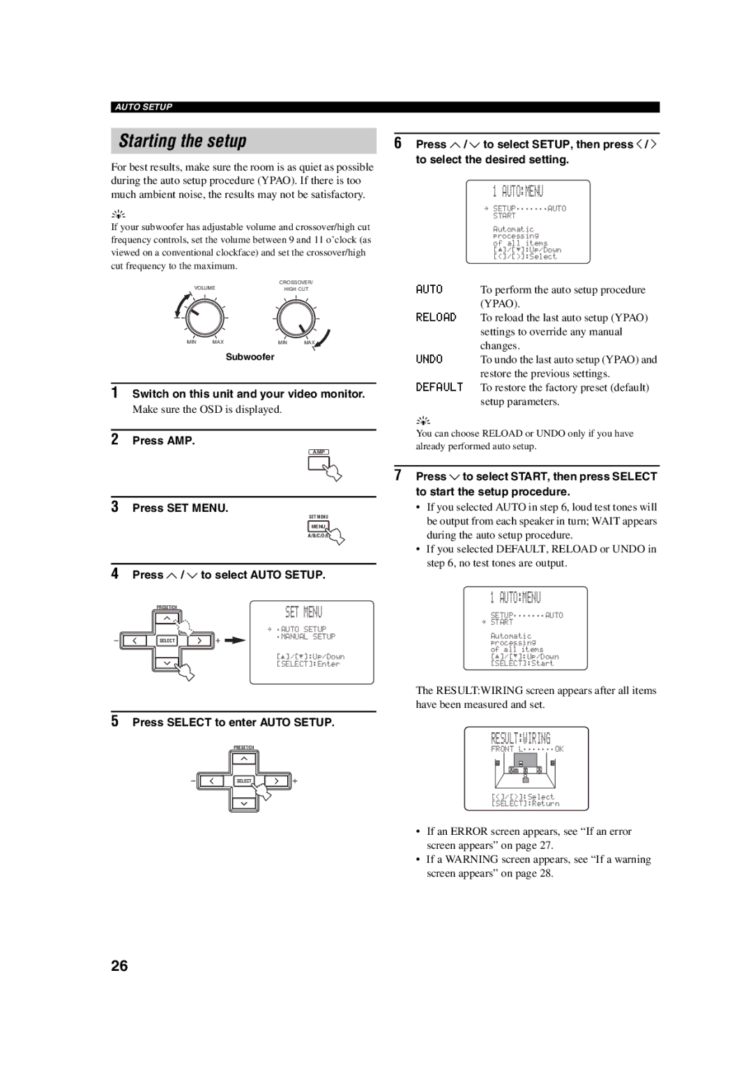 Yamaha HTR-5760 owner manual Starting the setup, Automenu, Resultwiring 