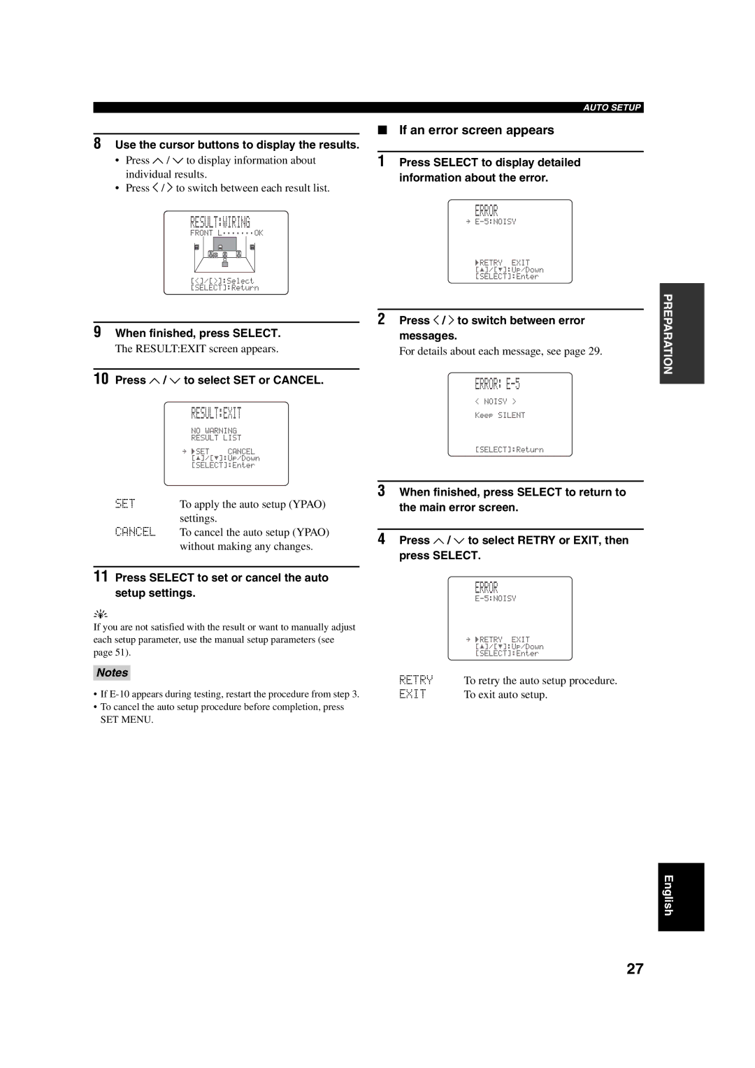 Yamaha HTR-5760 owner manual Resultexit, Error E-5, If an error screen appears 