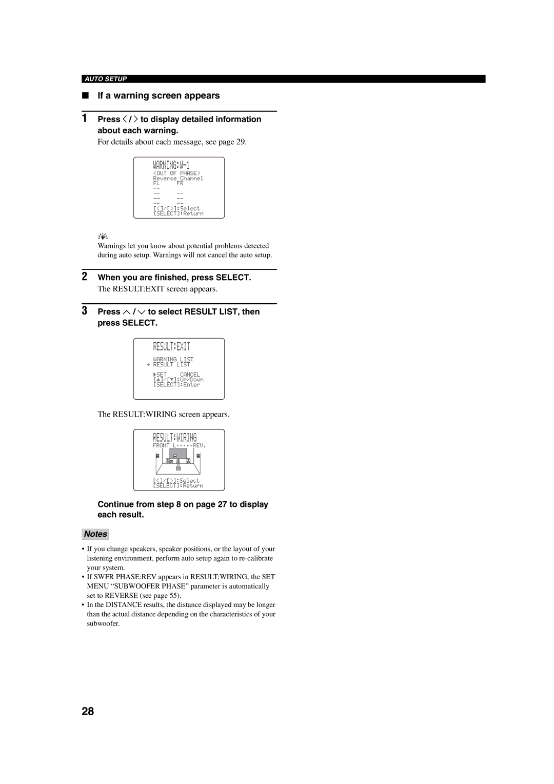 Yamaha HTR-5760 owner manual If a warning screen appears, When you are finished, press Select, Resultwiring screen appears 