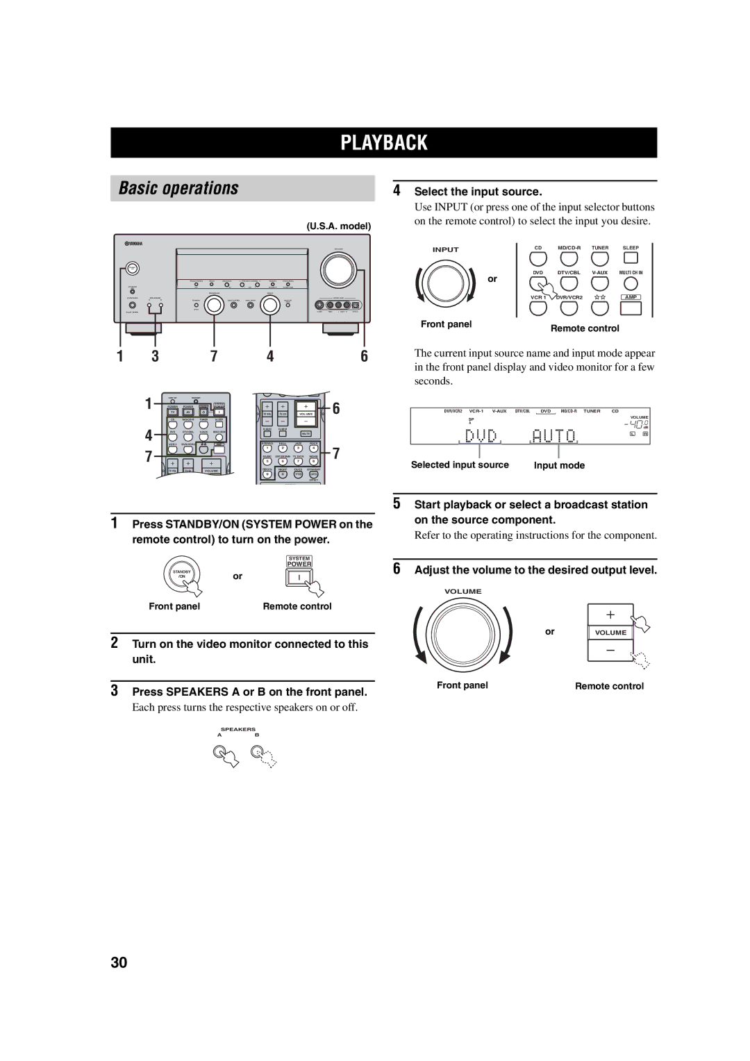 Yamaha HTR-5760 Playback, Basic operations, Select the input source, Adjust the volume to the desired output level 