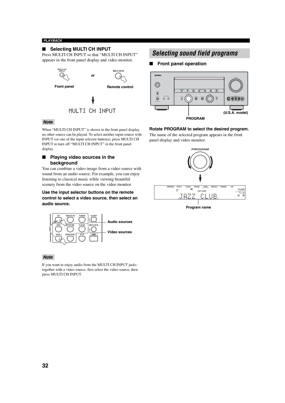 Yamaha HTR-5760 owner manual Selecting sound field programs, Selecting Multi CH Input, Front panel operation 