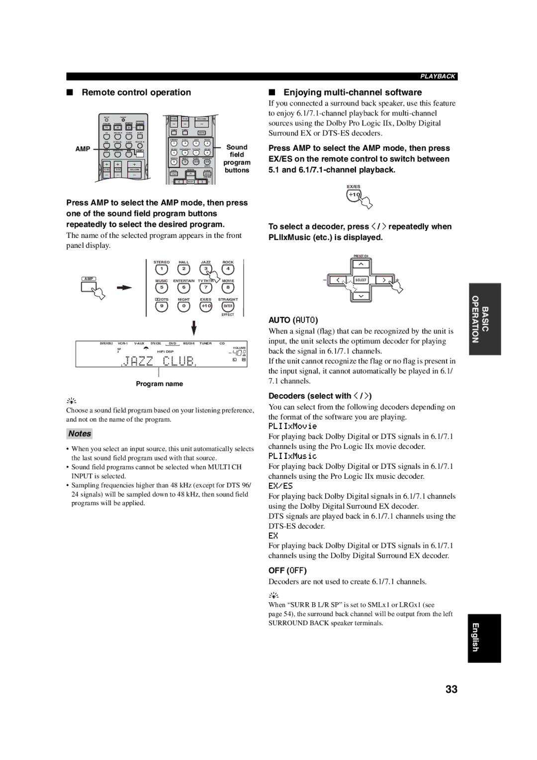 Yamaha HTR-5760 Remote control operation, Enjoying multi-channel software, Auto Auto, Decoders select with j, Off Off 