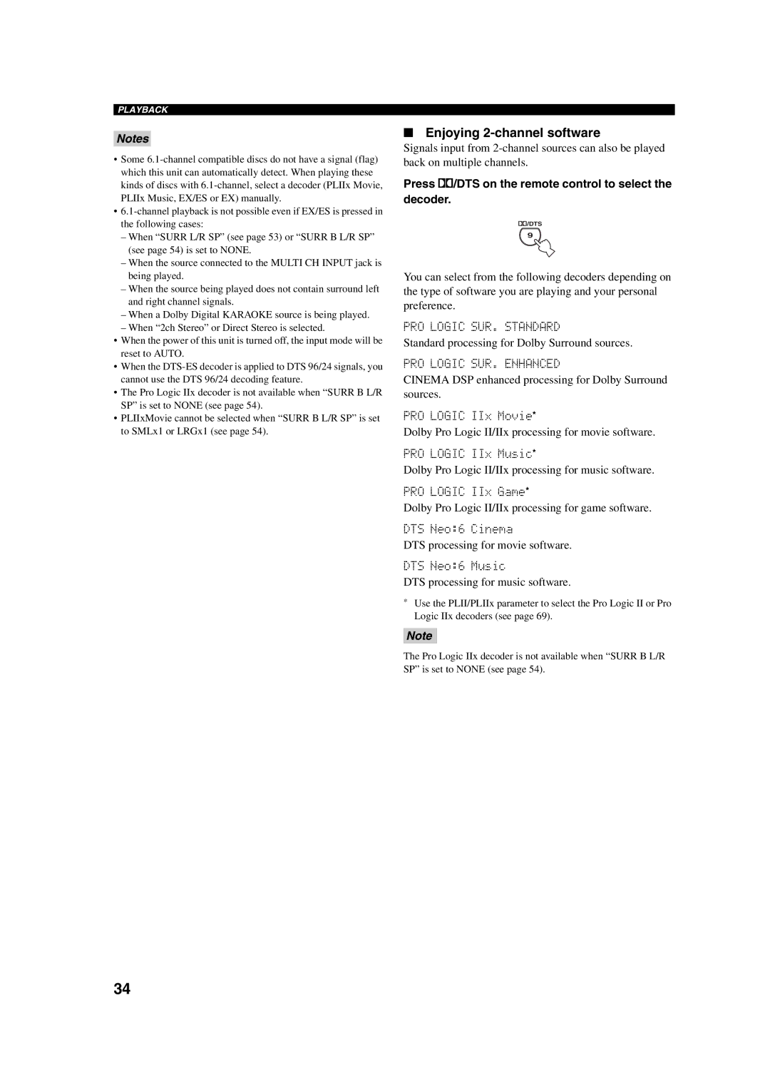 Yamaha HTR-5760 owner manual Enjoying 2-channel software, Press q/DTS on the remote control to select the decoder 