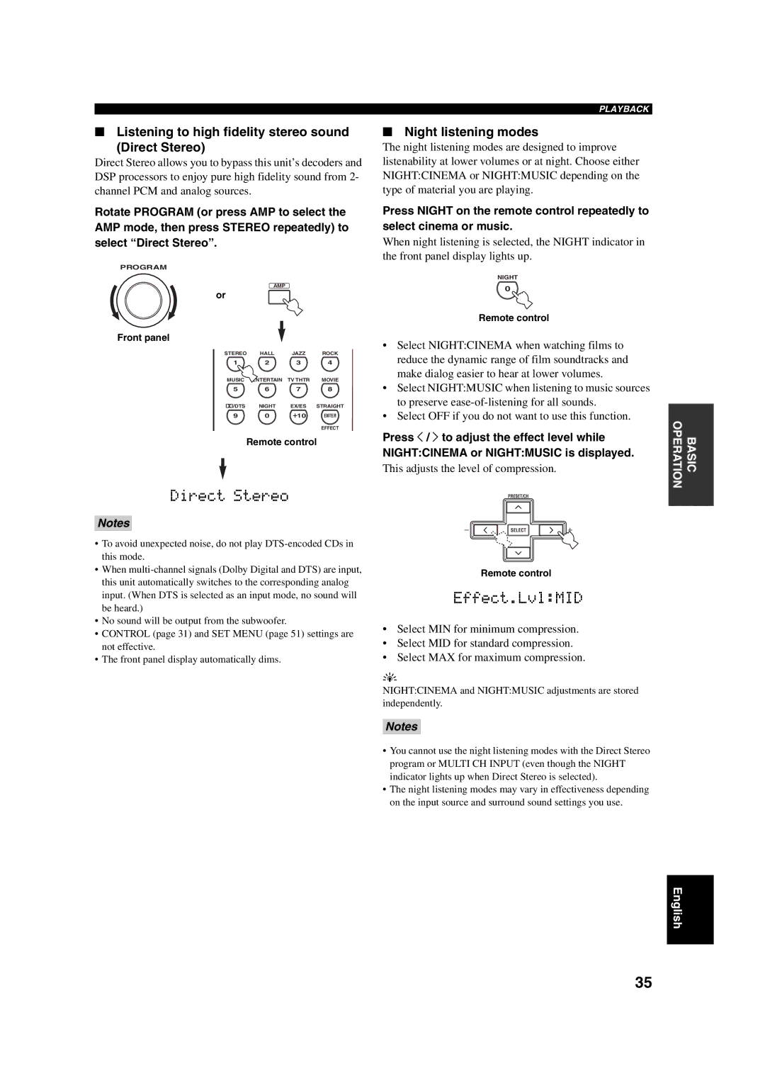 Yamaha HTR-5760 owner manual Listening to high fidelity stereo sound Direct Stereo, Night listening modes 