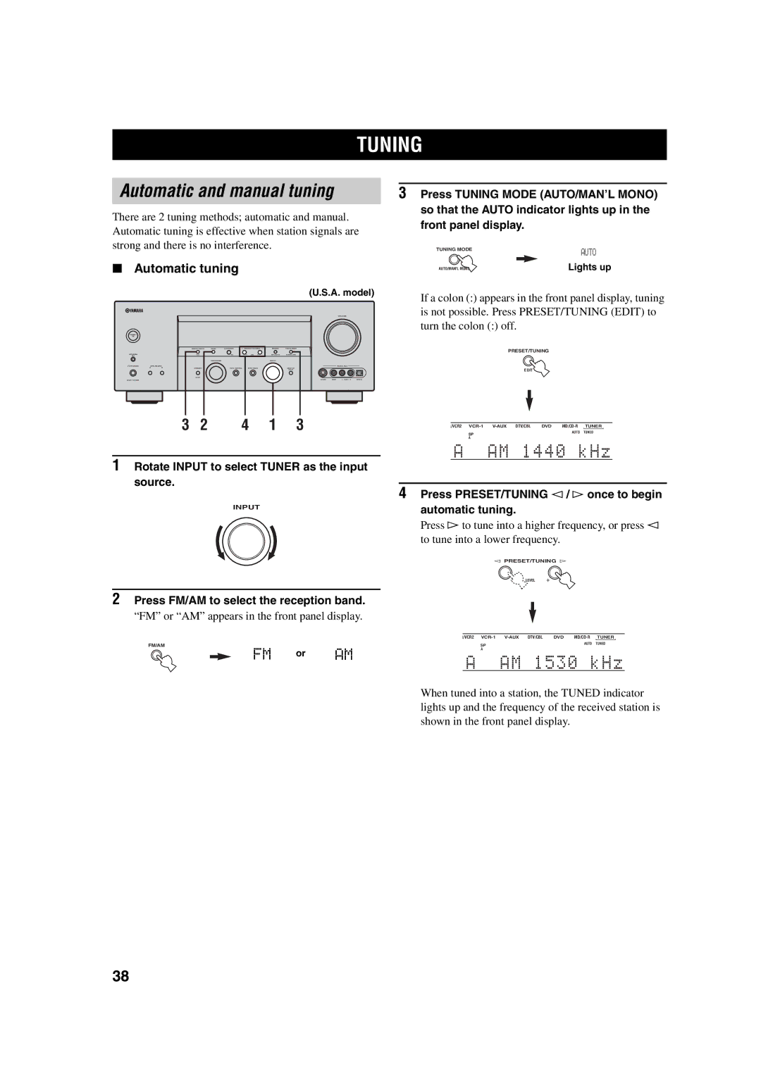 Yamaha HTR-5760 owner manual Tuning, Automatic and manual tuning, Automatic tuning 