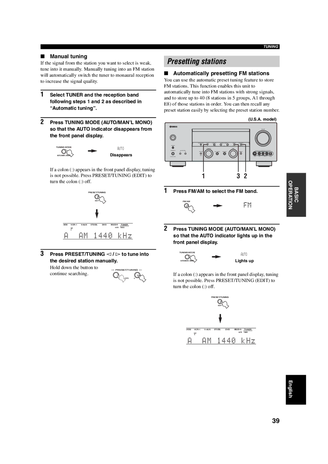 Yamaha HTR-5760 owner manual Presetting stations, Manual tuning, Automatically presetting FM stations 