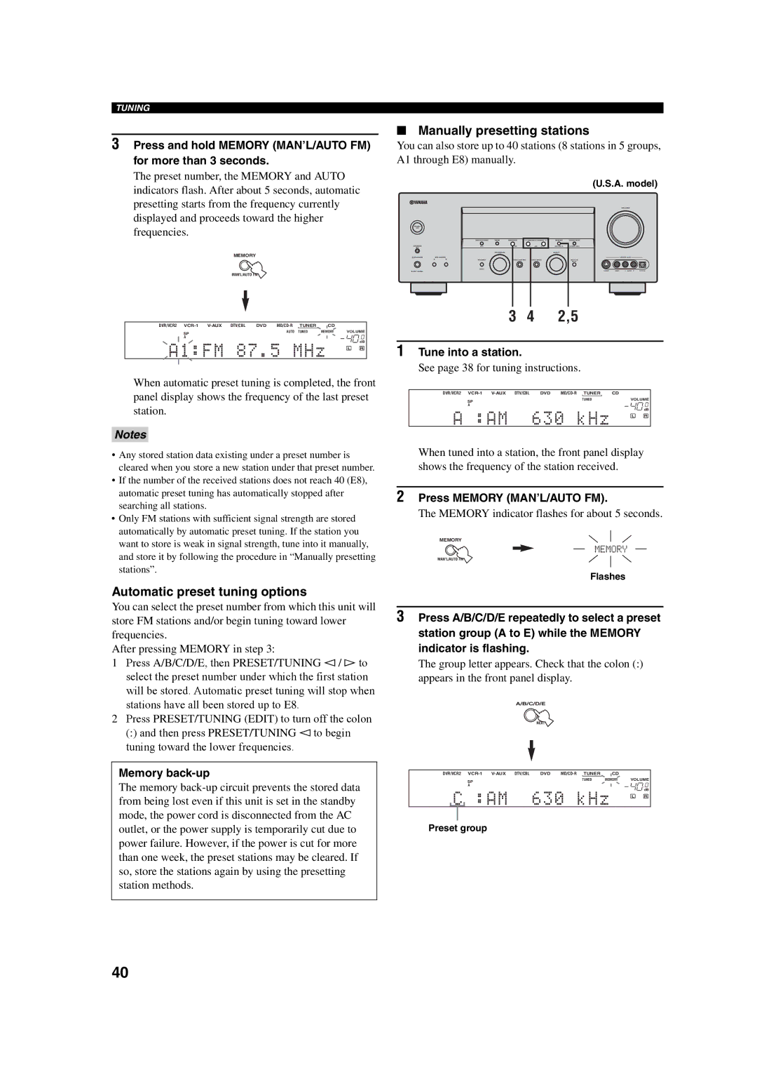 Yamaha HTR-5760 owner manual Automatic preset tuning options, Manually presetting stations 