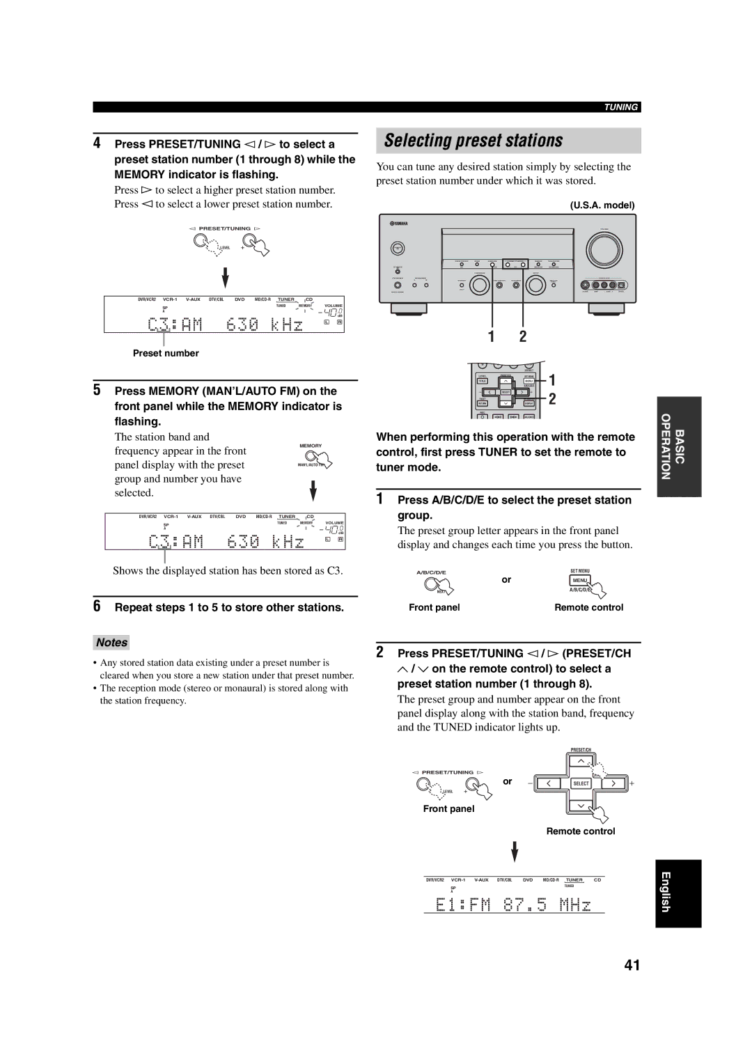 Yamaha HTR-5760 owner manual Selecting preset stations, When performing this operation with the remote 