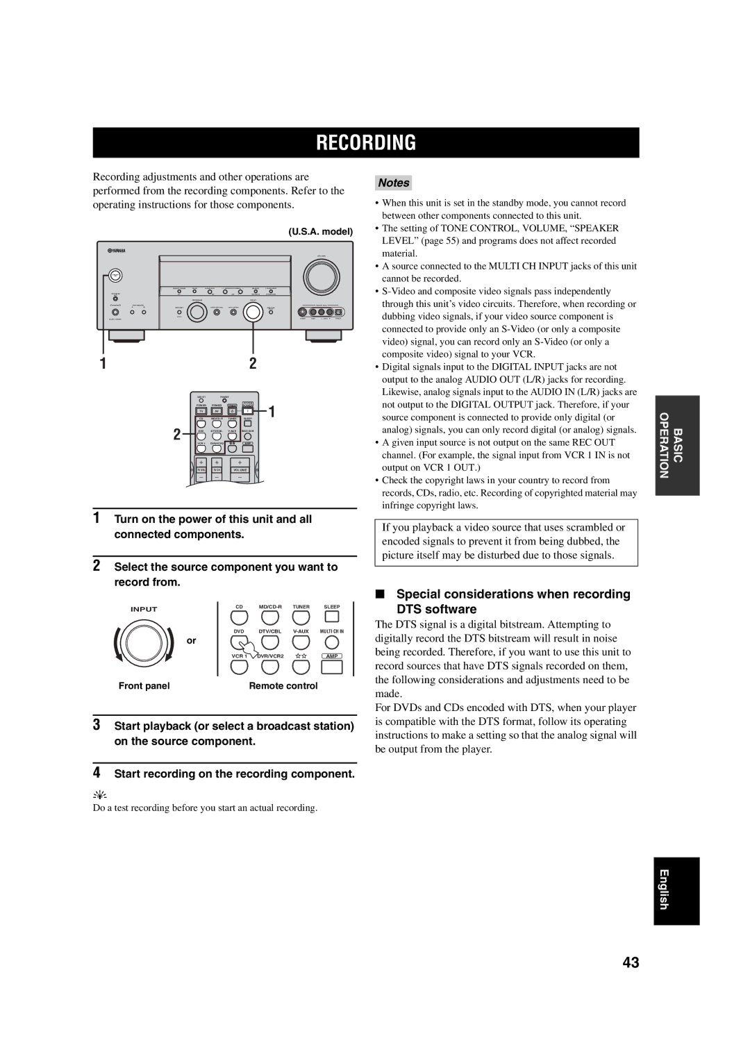 Yamaha HTR-5760 owner manual Recording, Special considerations when recording DTS software 