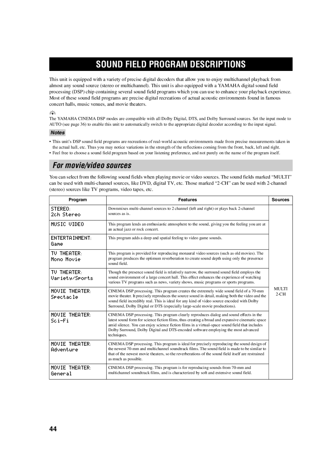 Yamaha HTR-5760 owner manual Sound Field Program Descriptions, For movie/video sources 