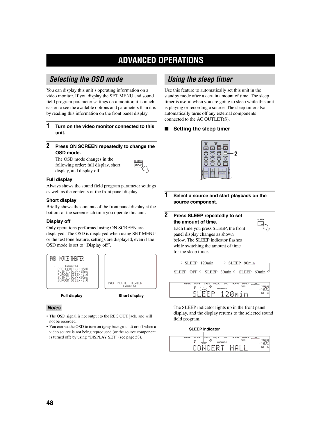 Yamaha HTR-5760 owner manual Advanced Operations, Selecting the OSD mode Using the sleep timer, P08 Movie Theater 