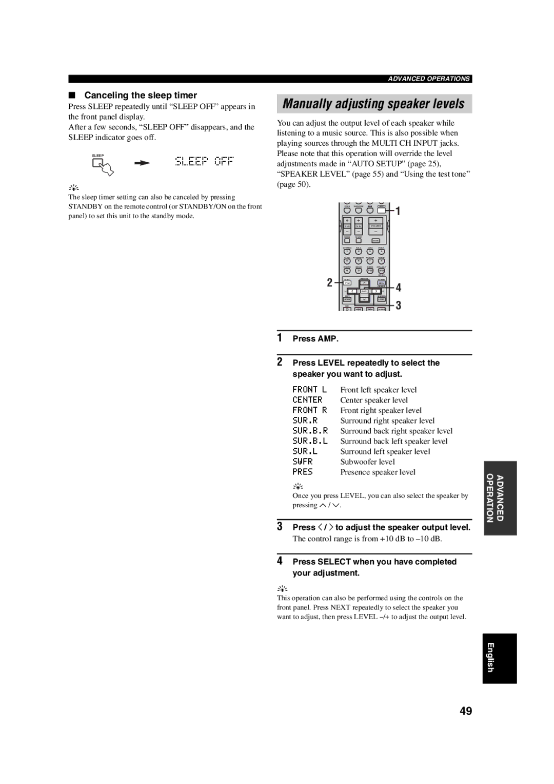 Yamaha HTR-5760 owner manual Sleep OFF, Canceling the sleep timer, Press j / i to adjust the speaker output level 